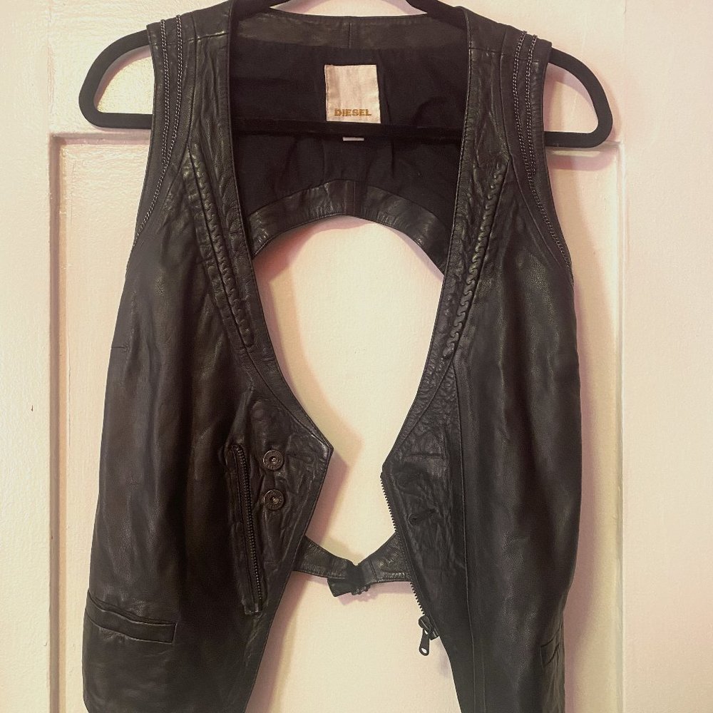 DIESEL Leather Vest with chain & textured braid details